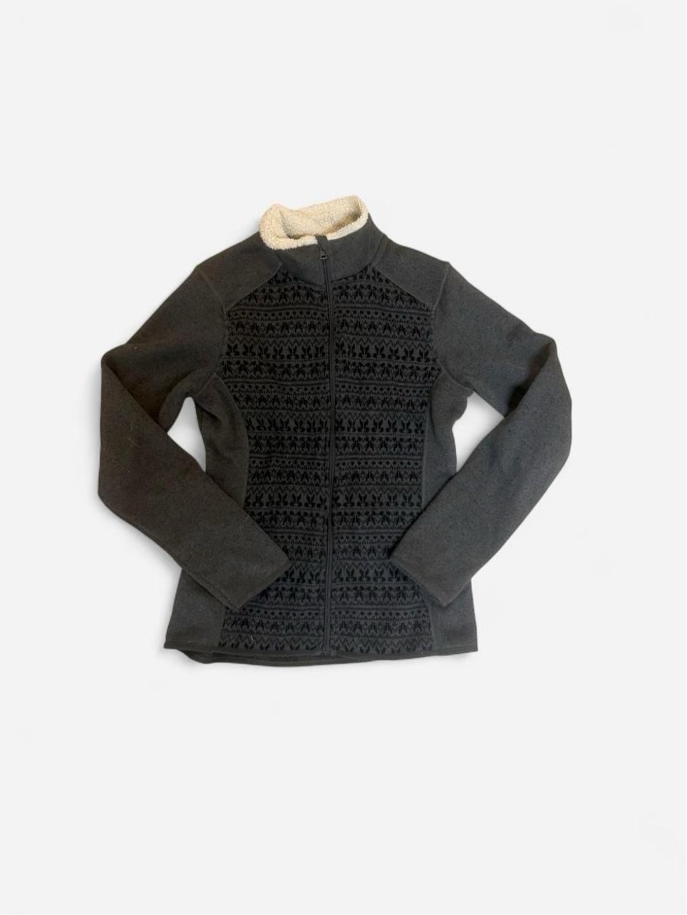 Eddie Bauer Dark Gray Full-Zip Sweater with Patterned Front and Cream Collar